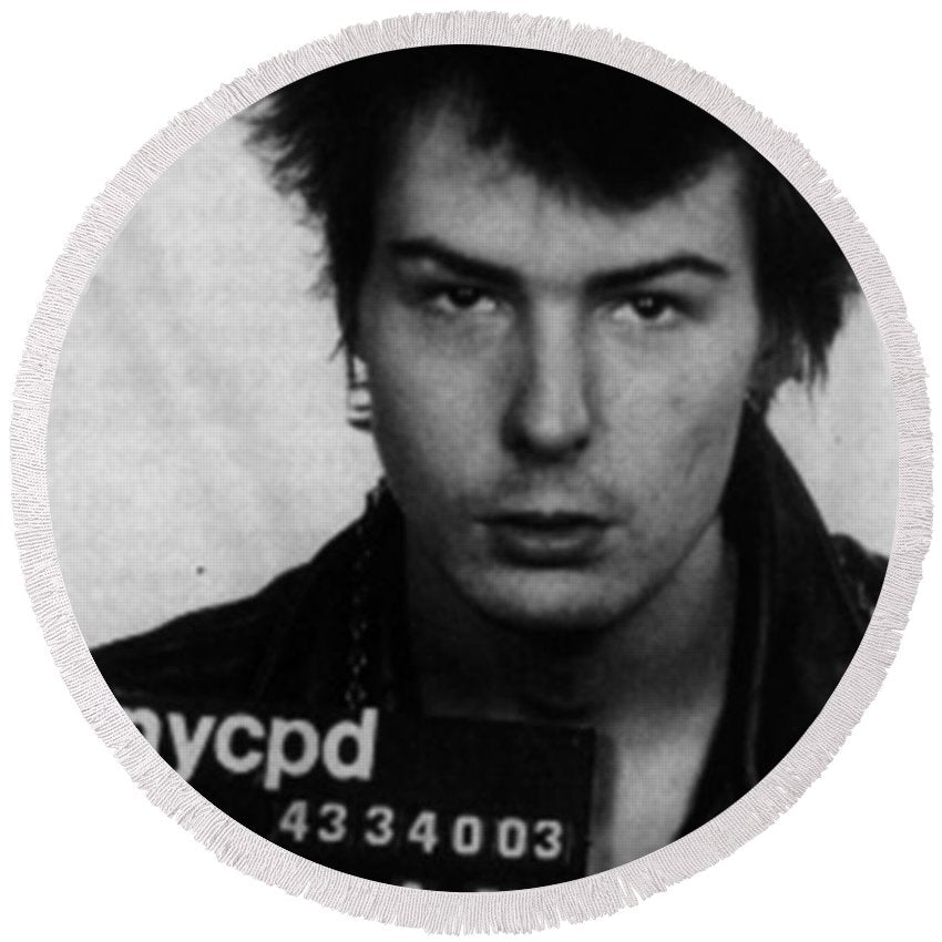 Sid Vicious Mug Shot Vertical - Round Beach Towel