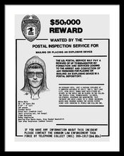 Unabomber Ted Kaczynski Wanted Poster 1 - Framed Print