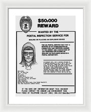 Unabomber Ted Kaczynski Wanted Poster 1 - Framed Print