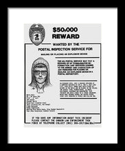 Unabomber Ted Kaczynski Wanted Poster 1 - Framed Print